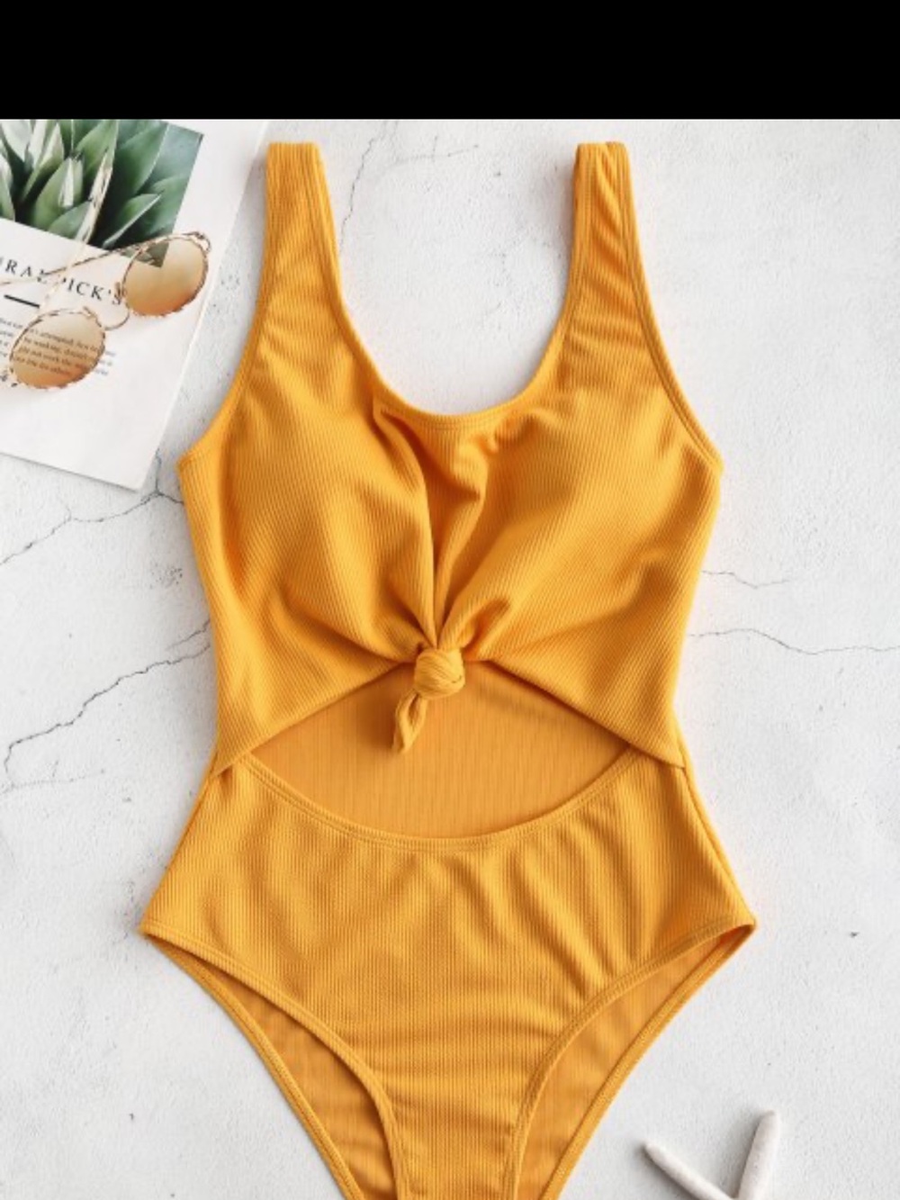 Women’s One-Piece Swimsuit in Mustard Yellow - Knotted Front